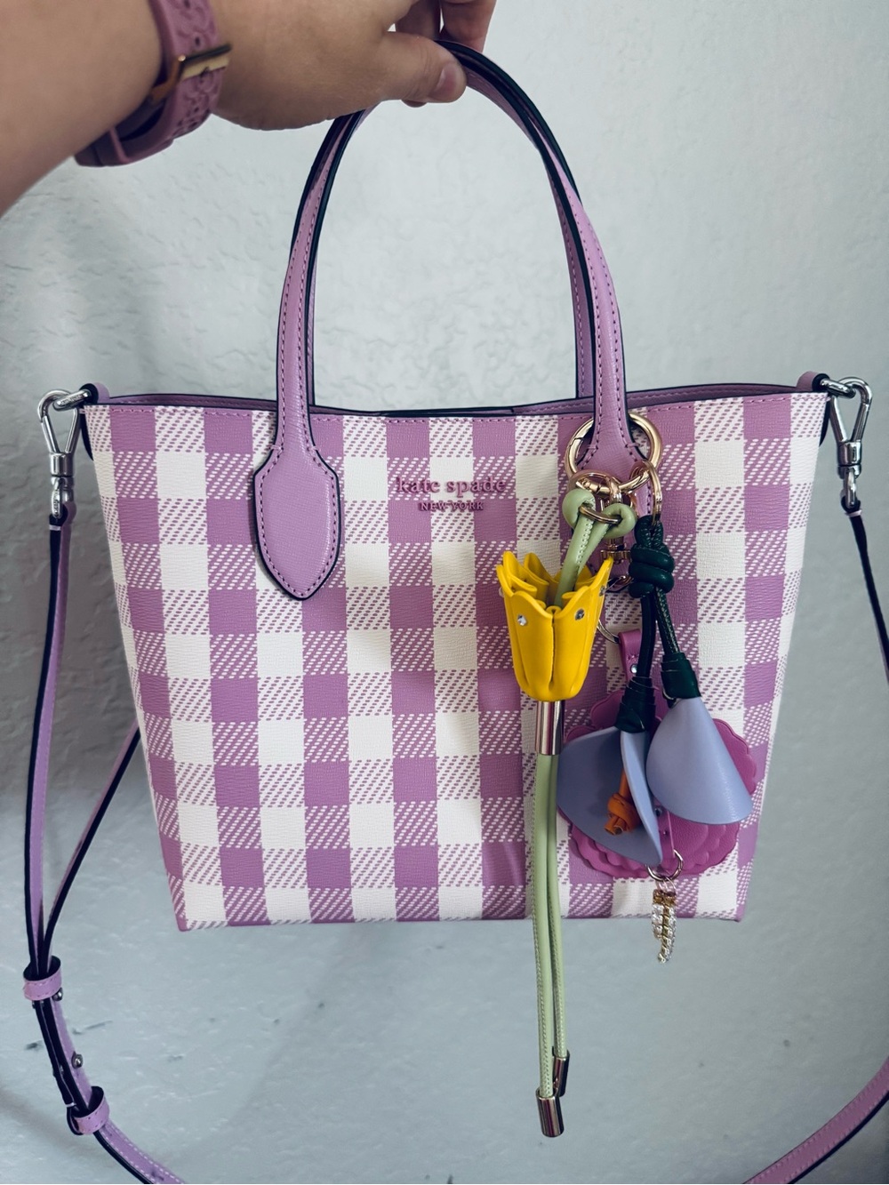 NWT Kate Spade Bleecker Gingham Medium Crossbody Tote in Berry Cream Lavender